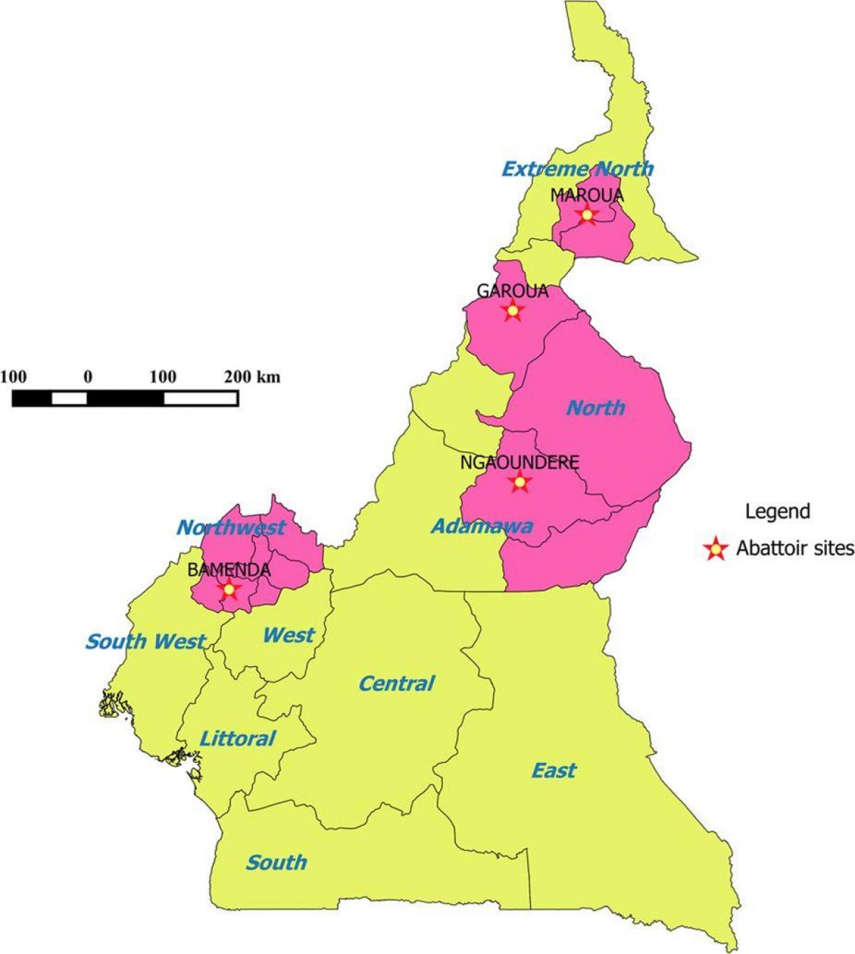 Kamerun osoittaa alueet kartta